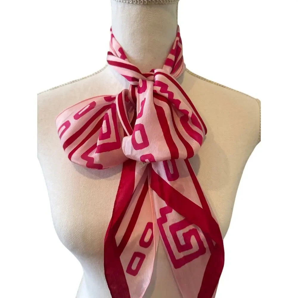 Vintage Anne Klein Silk Chiffon Skinny Neck Scarf Pink Abstract Print